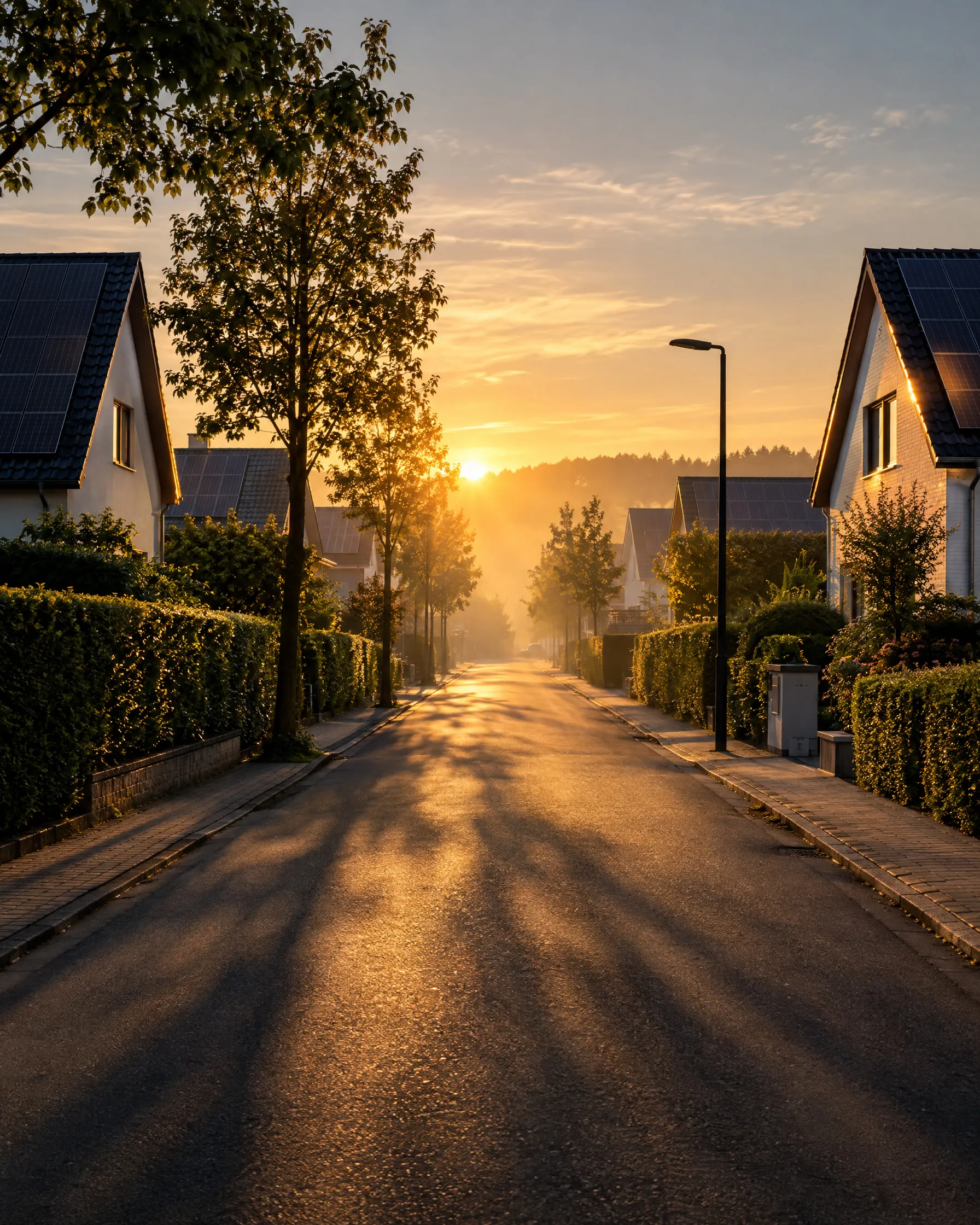 Wohnstraße mit Solardächern im Morgenlicht