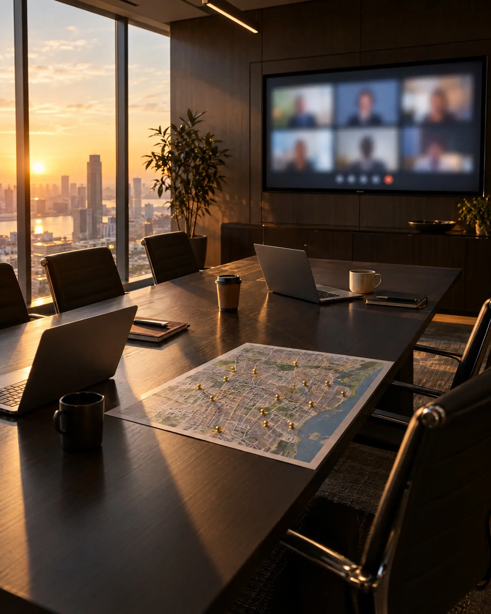 Meetingraum am Morgen mit Videocall und Gebietskarte
